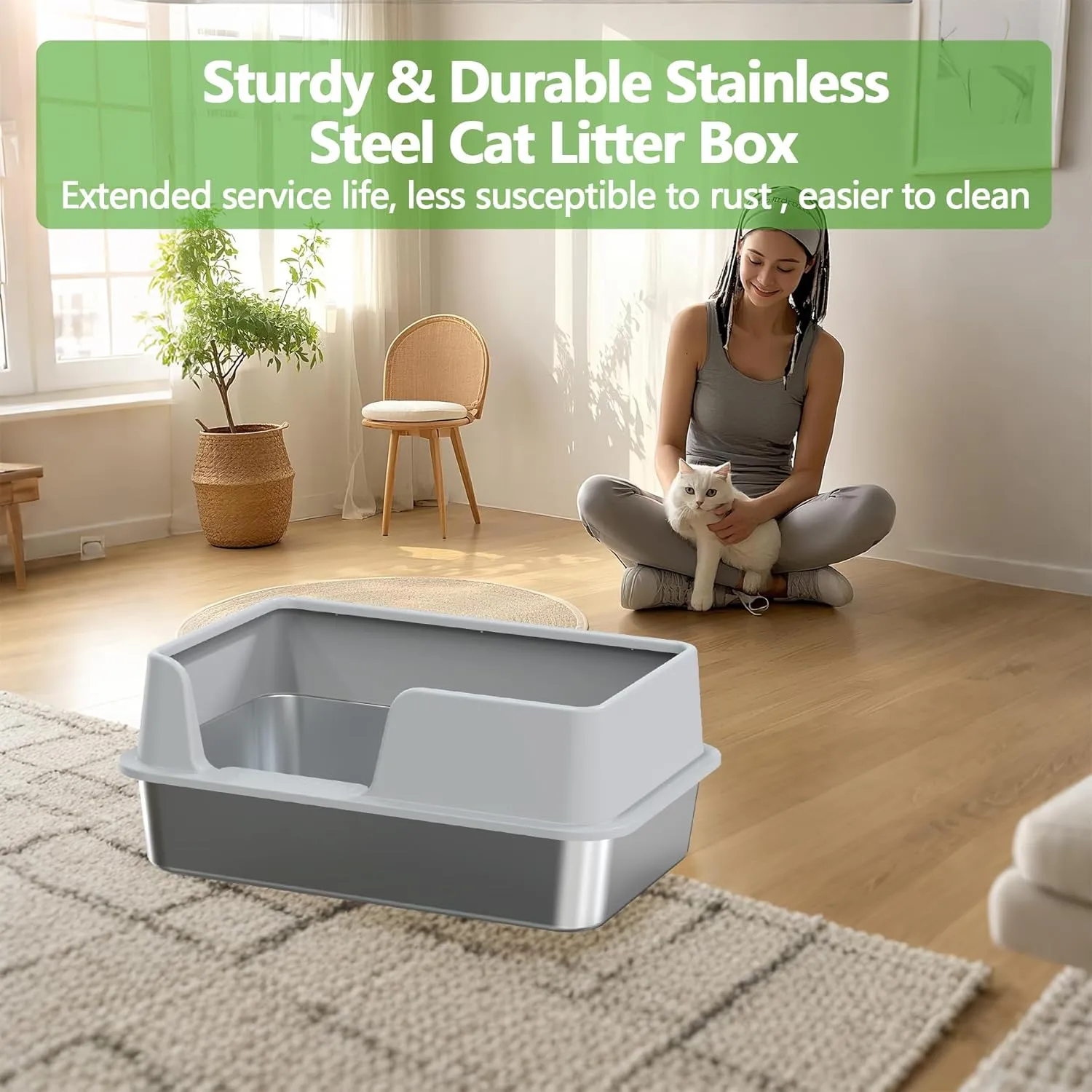 Stainless Steel Litter Box with Lid,Large Litter Metal Litter Box with High Sided, Anti-Urine Leakage, Easy Cleaning & Odor-Less, Include Metal Scoop