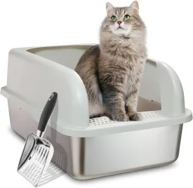 Upgraded Enclosed Stainless Steel XL Litter Box for Big & Multiple Cats, Easy Cleaning High Wall Side Covered Litter Box with Scoop