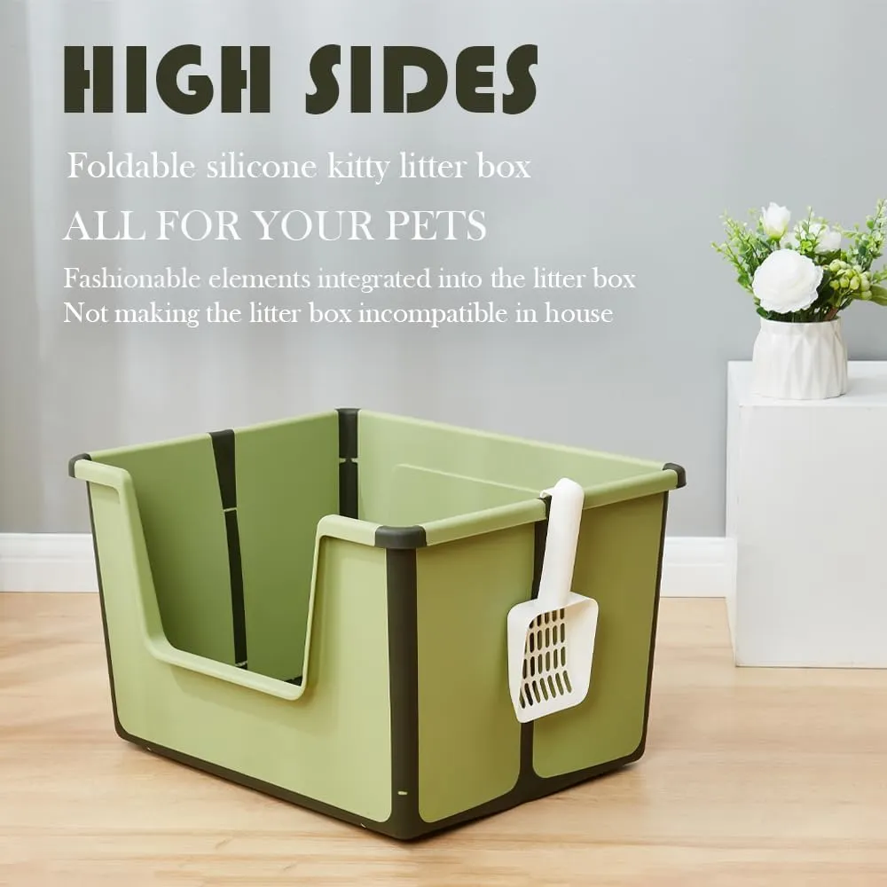 Vealind Foldable Portable Low Entry High Sided Car Travel Litter Box for Cats with Litter Scoop, Kitty Litter Box Green