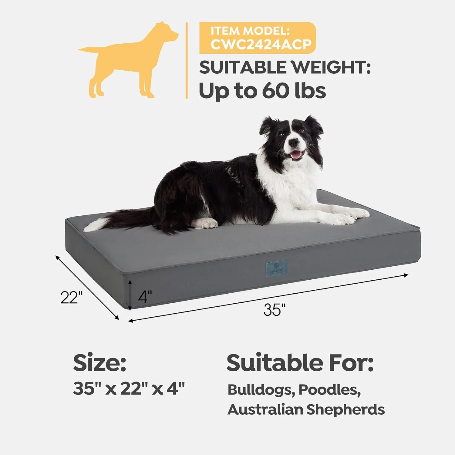 Veehoo Chew Proof Dog Bed for Crate, Durable Dog Crate Bed with Hidden Zipper, Outdoor Waterproof Pet Bed with Removable Washable Cover, Memory Foam Bed for Large Dogs