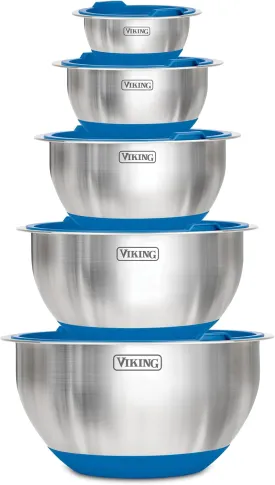Viking Mixing Bowls Set, 10 Piece Stainless Steel Kitchen Cookware, Non-Slip Silicone Base, Includes Tight Fit Lids, Dishwasher Safe, Teal