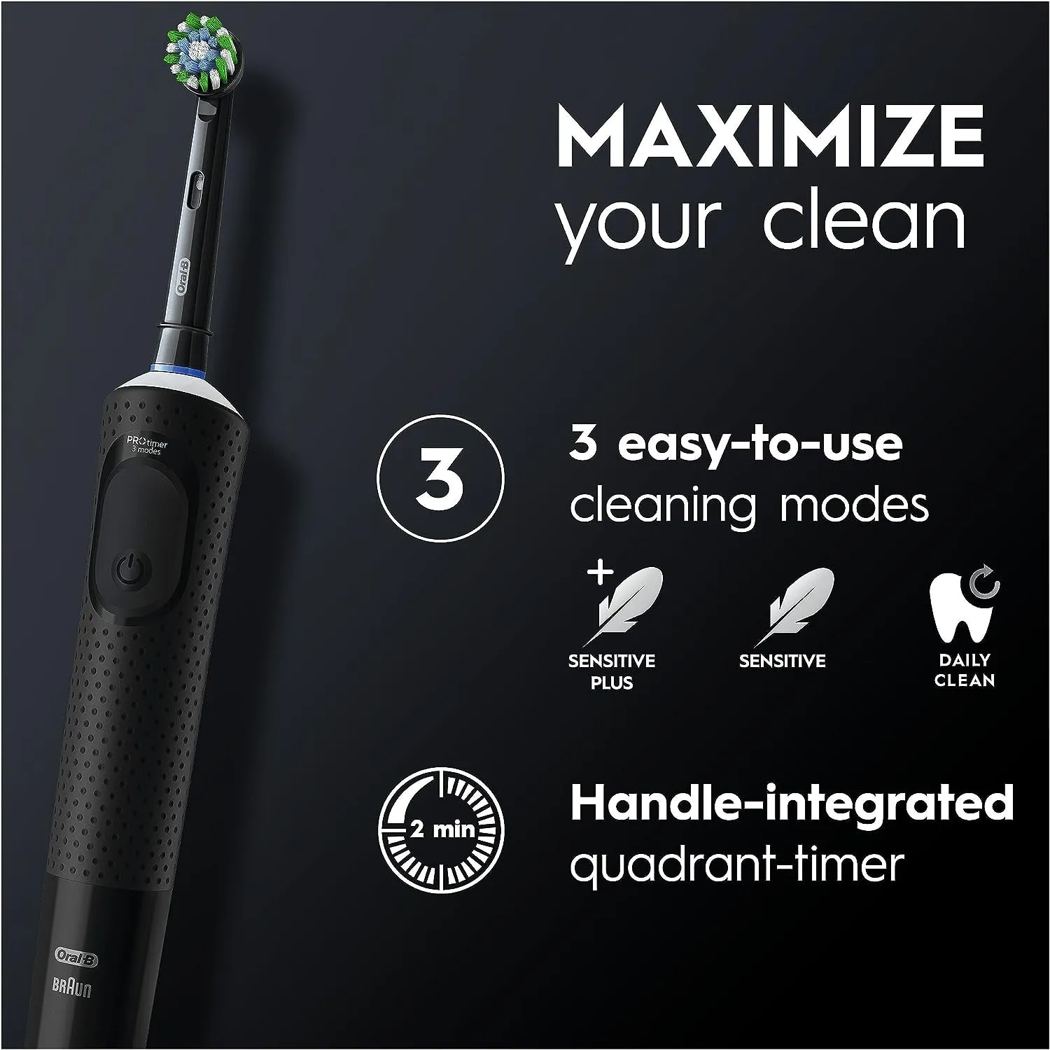 Vitality Pro 2x Electric Toothbrushes For Adults, 2 Toothbrush Heads, 3 Brushing Modes Including Sensitive Plus, 2 Pin UK Plug, Black & Purple