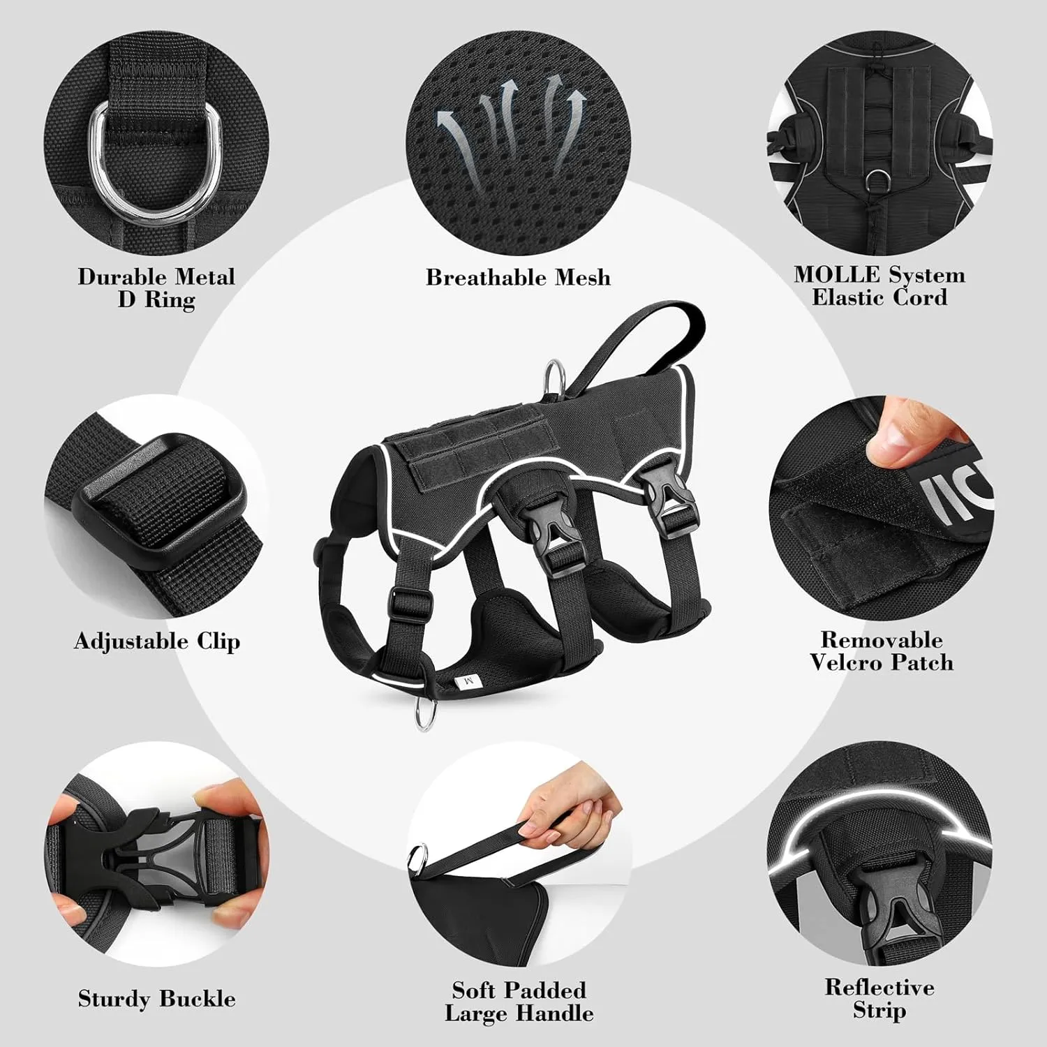 VOOPET Escape Proof Dog Harness, Soft Padded Full Body Pet Harness, Reflective No Pull Dog Harness with Handle and 2 Leash Clips for Medium Dogs Walking Hiking Training (Black,M)