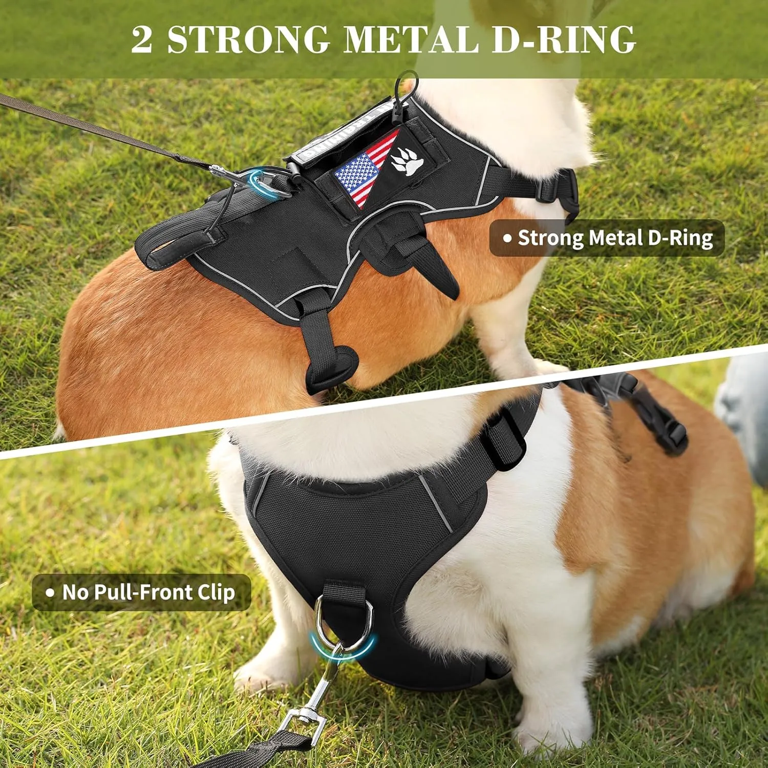 VOOPET Escape Proof Dog Harness, Soft Padded Full Body Pet Harness, Reflective No Pull Dog Harness with Handle and 2 Leash Clips for Medium Dogs Walking Hiking Training (Black,M)