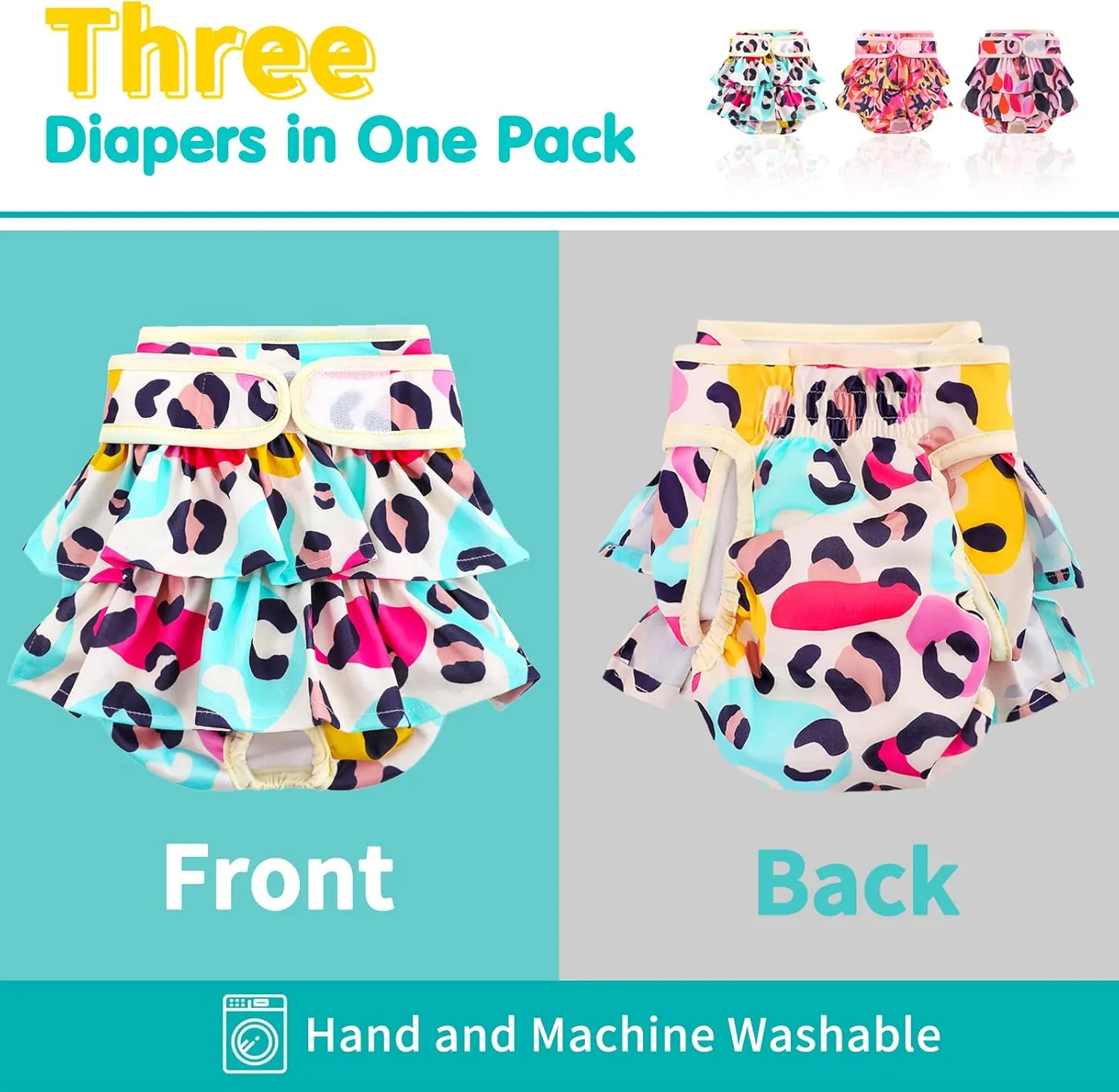 Washable Dog Diapers Female 3 Pack Reusable Premium Highly Absorbent Doggie Diaper, Flexible Puppy Diaper, Durable Leak-Proof Leopard Dog Diapers for Period Heat Incontinence Puppy Training, XS