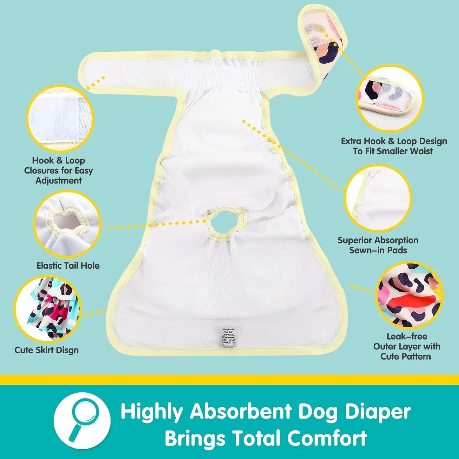 Washable Dog Diapers Female 3 Pack Reusable Premium Highly Absorbent Doggie Diaper, Flexible Puppy Diaper, Durable Leak-Proof Leopard Dog Diapers for Period Heat Incontinence Puppy Training, XS