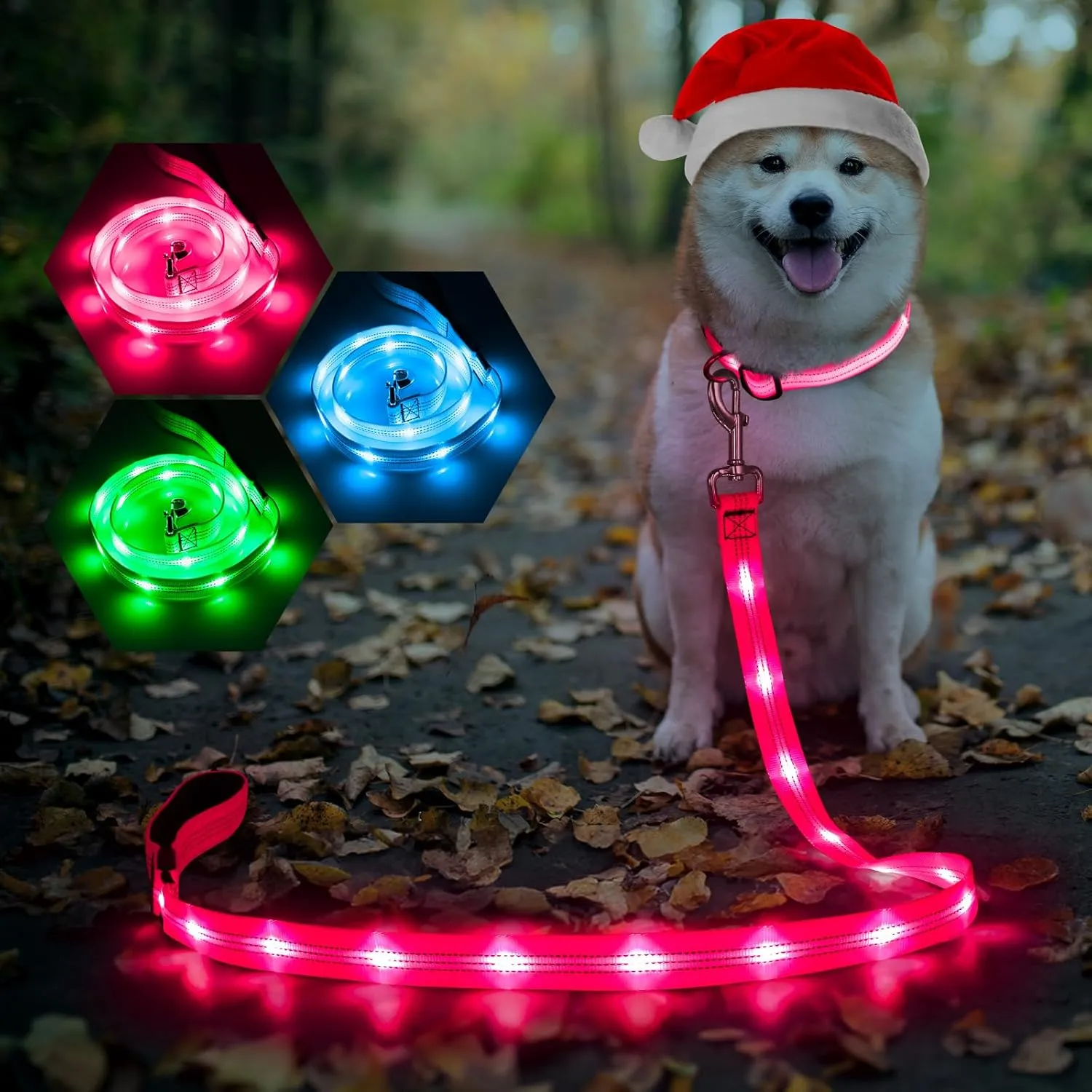 Weesiber LED Dog Leash Light Up Dog Leash 4ft Rechargeable Nylon Webbing Lighted Dog Lead, Reflective Dog Leash with Neoprene Padded, Glowing Safety Dog Lights for Night Walking (Pink)