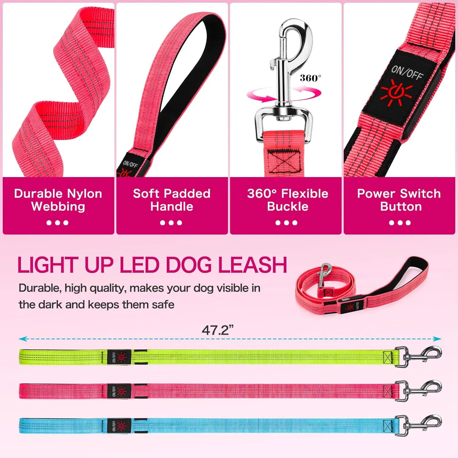 Weesiber LED Dog Leash Light Up Dog Leash 4ft Rechargeable Nylon Webbing Lighted Dog Lead, Reflective Dog Leash with Neoprene Padded, Glowing Safety Dog Lights for Night Walking (Pink)