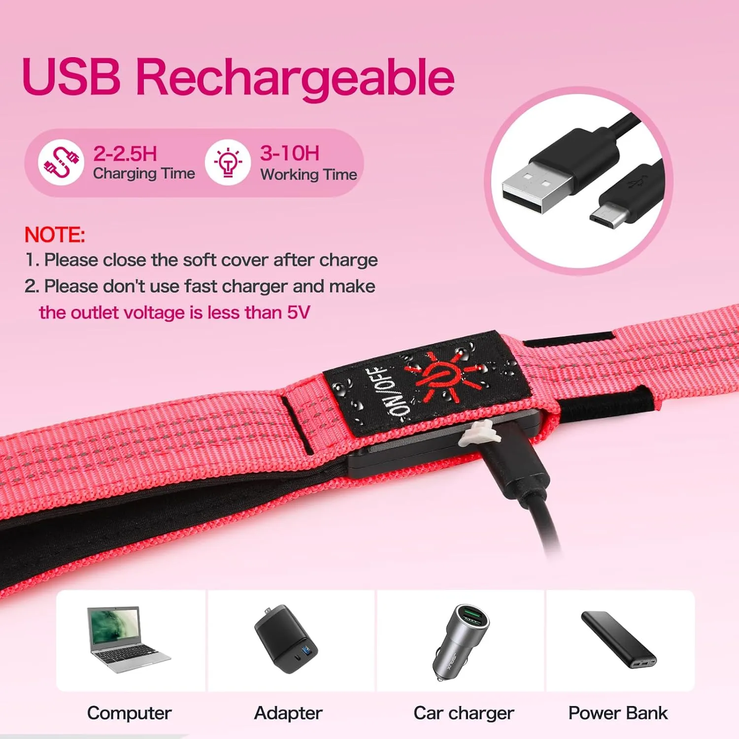 Weesiber LED Dog Leash Light Up Dog Leash 4ft Rechargeable Nylon Webbing Lighted Dog Lead, Reflective Dog Leash with Neoprene Padded, Glowing Safety Dog Lights for Night Walking (Pink)