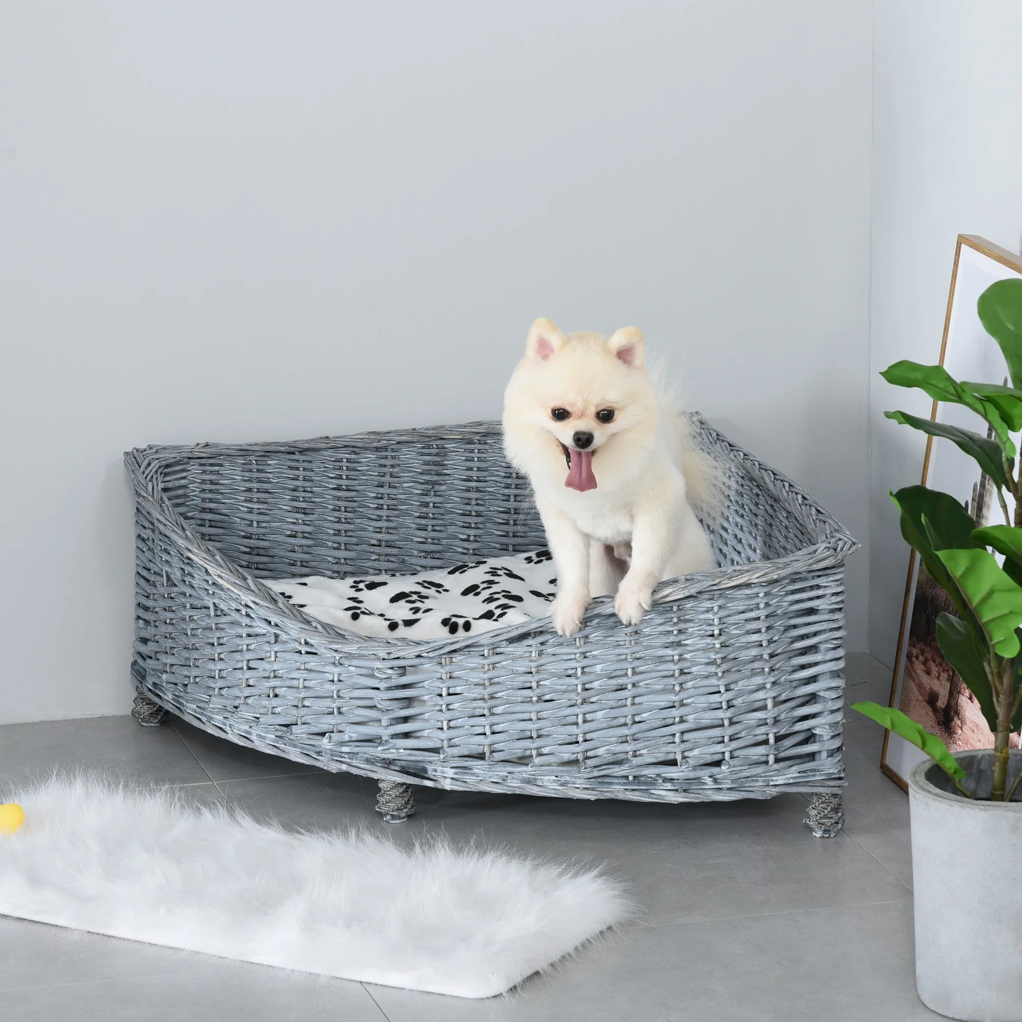 Wicker Dog Corner Basket Pet Bed Sofa Couch w/ Soft Plush Cushion Elevated Base