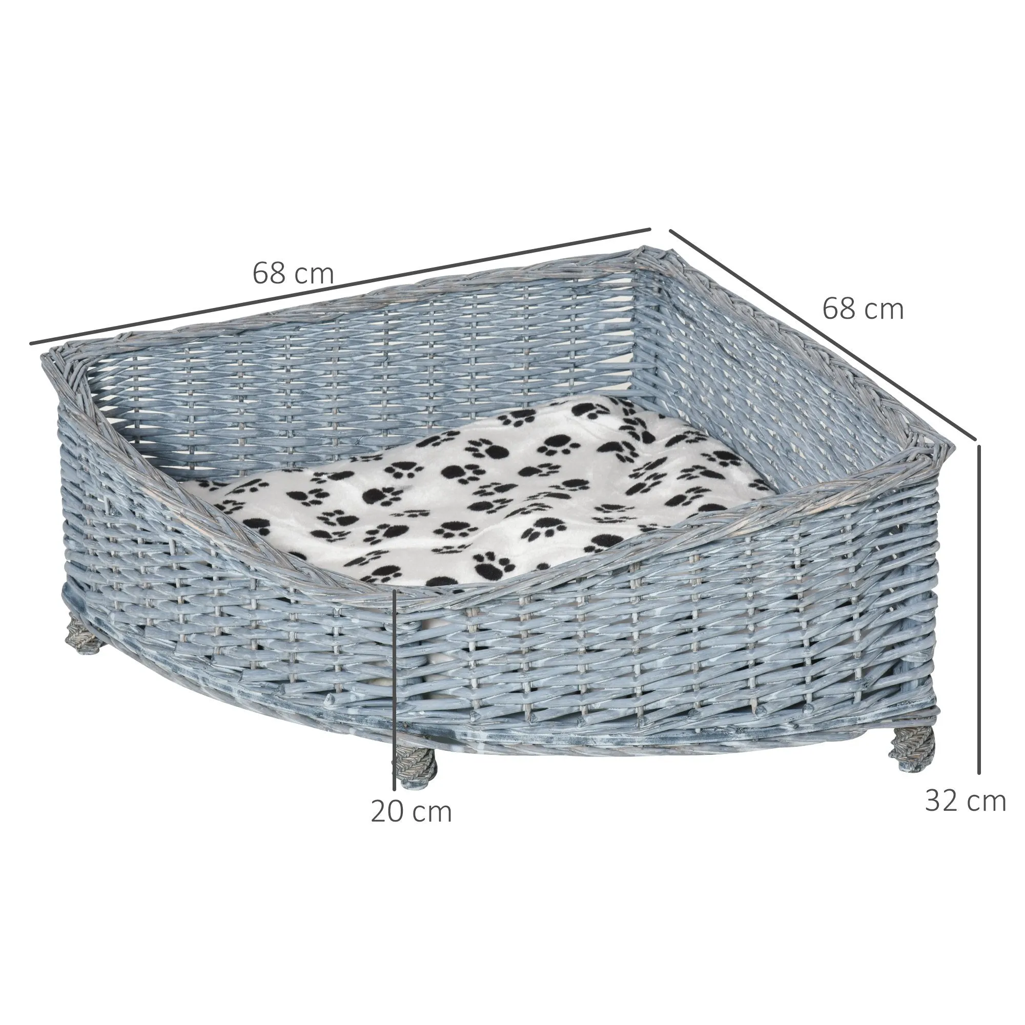 Wicker Dog Corner Basket Pet Bed Sofa Couch w/ Soft Plush Cushion Elevated Base
