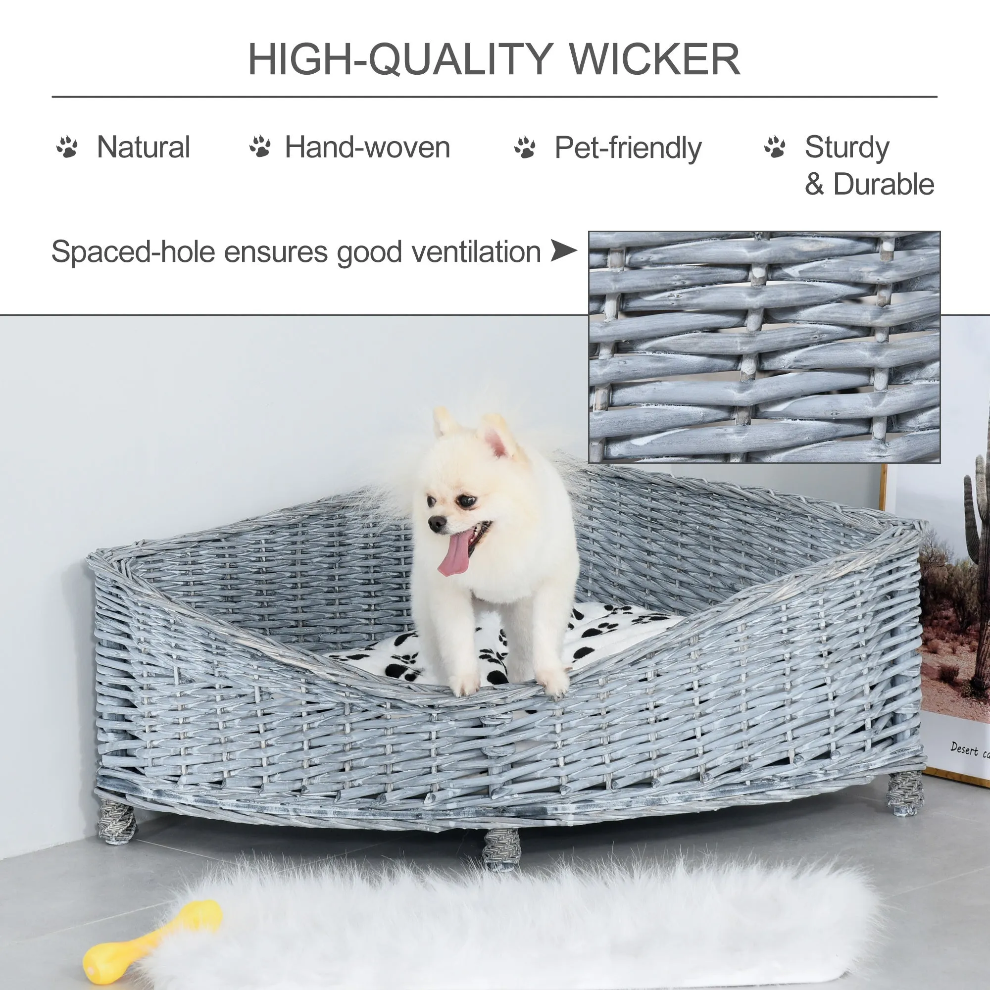 Wicker Dog Corner Basket Pet Bed Sofa Couch w/ Soft Plush Cushion Elevated Base
