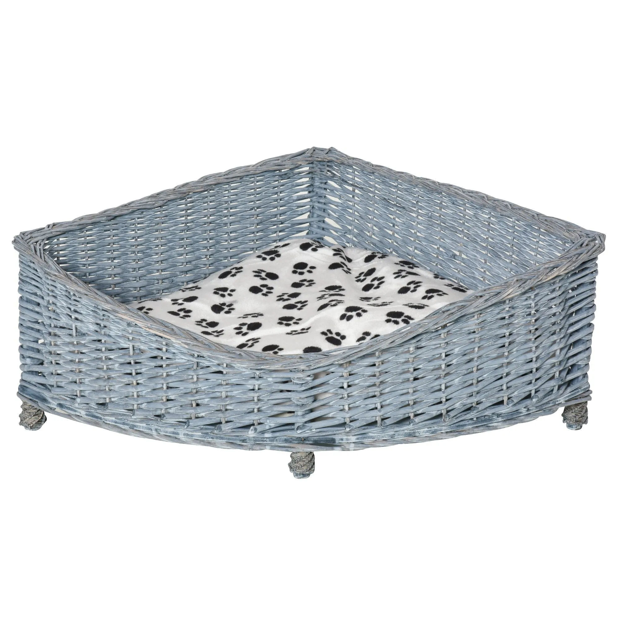 Wicker Dog Corner Basket Pet Bed Sofa Couch w/ Soft Plush Cushion Elevated Base