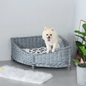 Wicker Dog Corner Basket Pet Bed Sofa Couch w/ Soft Plush Cushion Elevated Base
