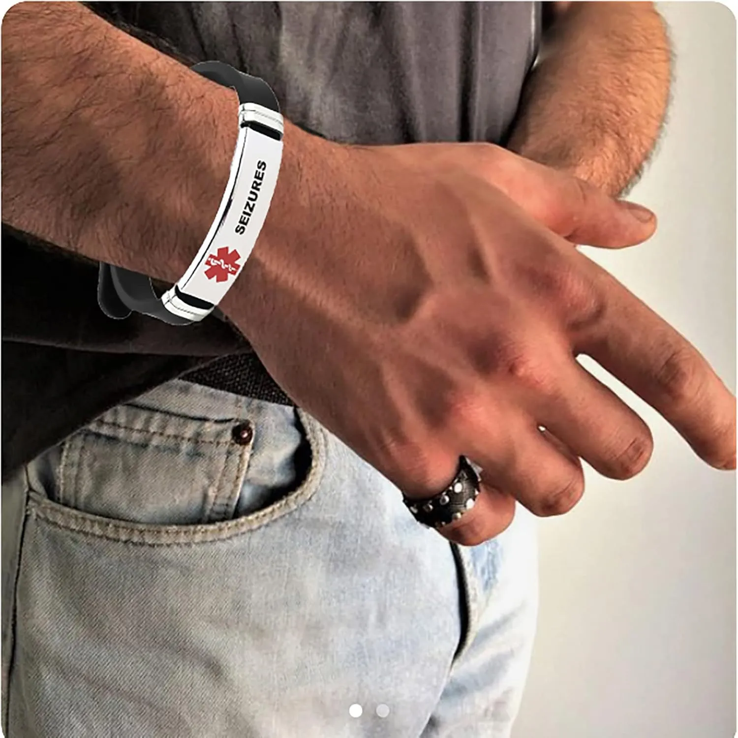 Women Men's Red Medical ID Bracelets for Emergency First Aid Laser Engraved Identification Stainless Steel Adjustable Silicone Wristband Bracelets