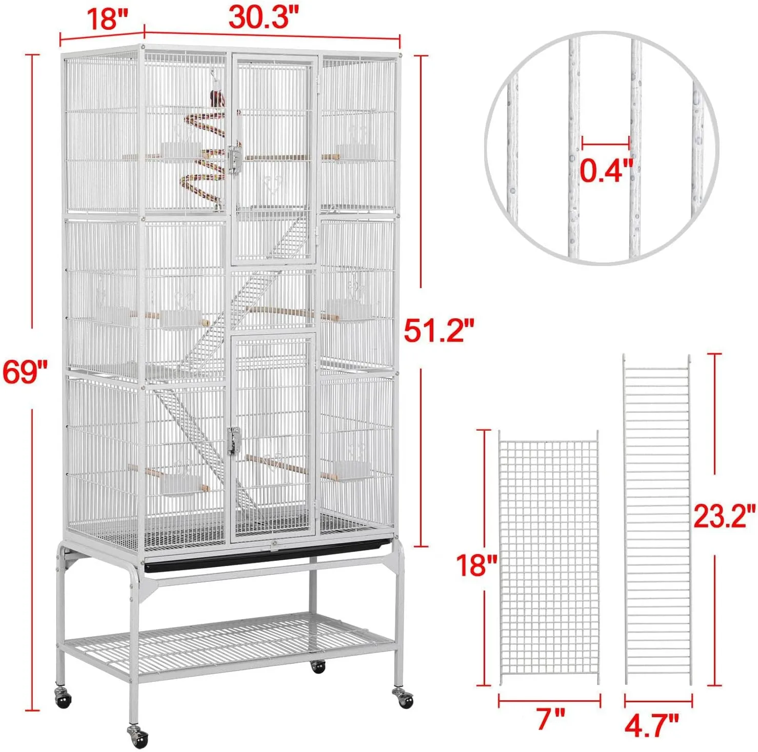 Yaheetech 69'' Extra Large Bird Cage Metal Parrot Cage w/Detachable Stand for Mid-Sized Parrots Cockatiels Conures Parakeets Lovebirds Budgie Finch, White