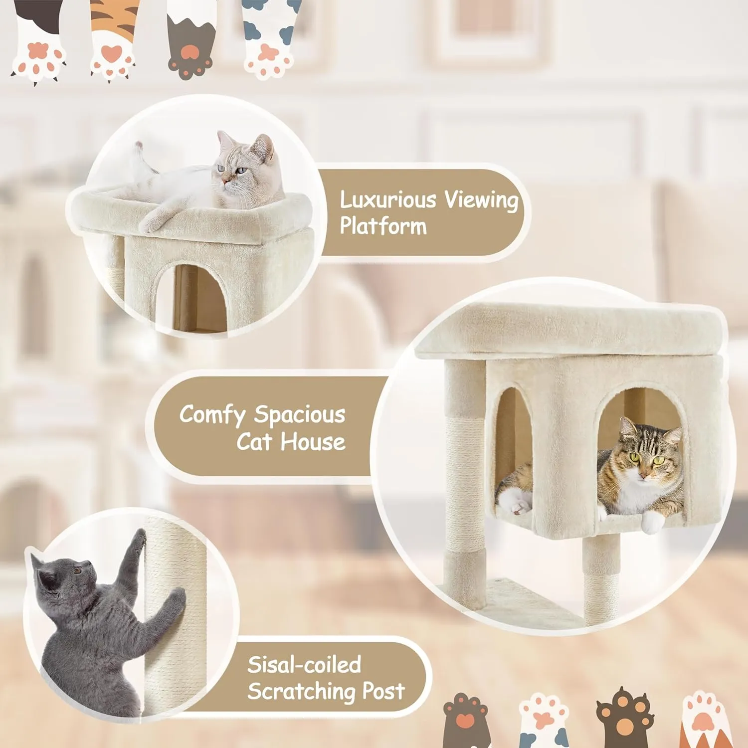 Yaheetech Cat Tree, 33.5in Cat Tower with 2 Cozy Condos, Soft Perch & Sisal Scratching Posts, Cat House Activity Center Furniture for Indoor Cats, Beige