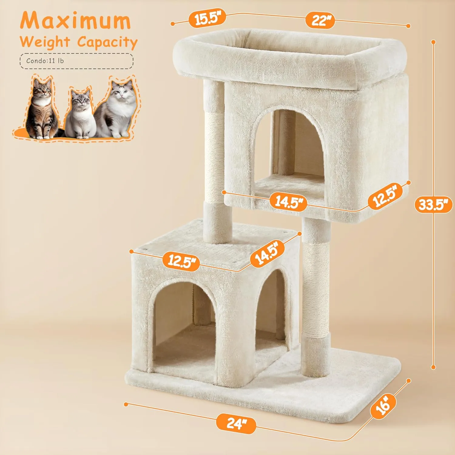 Yaheetech Cat Tree, 33.5in Cat Tower with 2 Cozy Condos, Soft Perch & Sisal Scratching Posts, Cat House Activity Center Furniture for Indoor Cats, Beige