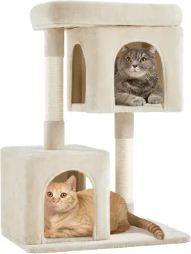 Yaheetech Cat Tree, 33.5in Cat Tower with 2 Cozy Condos, Soft Perch & Sisal Scratching Posts, Cat House Activity Center Furniture for Indoor Cats, Beige
